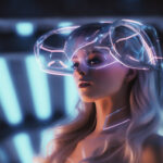 Young woman model with virtual reality VR goggle. Metaverse digital cyber world future technology. Futuristic 3d glasses with virtual projection. Neon light. Gamer. AI Generative